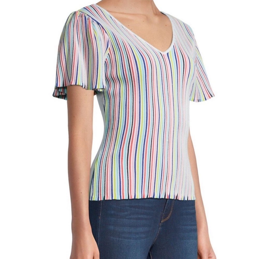 Milly • Striped Flutter-Sleeve Rib-Knit Top
